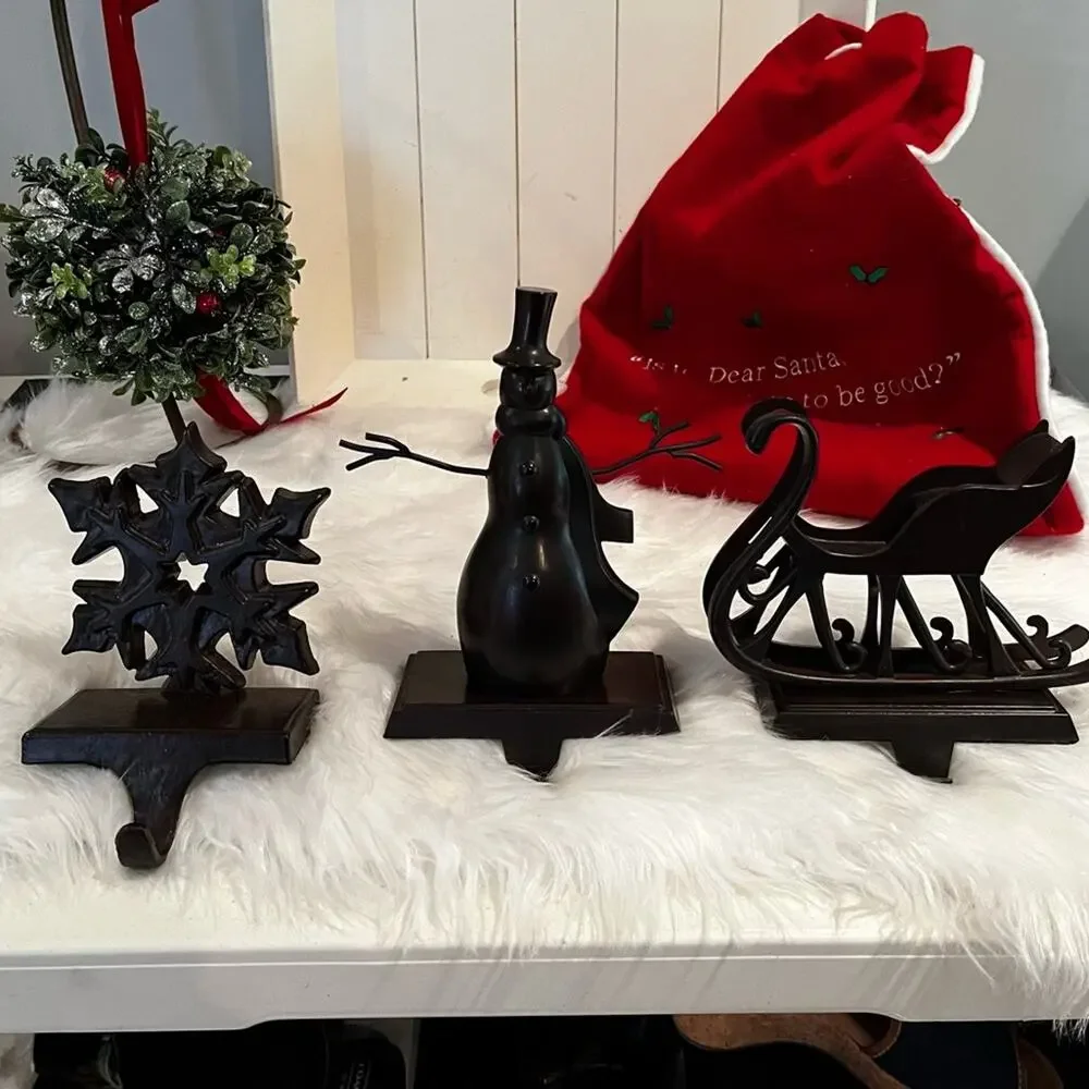 NEW Pottery Barn Bronze Snowman Snowflake Christmas Holiday Stocking Holders